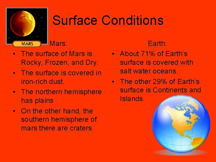 Surface Conditions • • Mars: The surface of Mars is Rocky, Frozen, and Dry.