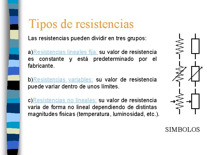 Tipos de resistencias Las resistencias pueden dividir en tres grupos: a)Resistencias lineales fija: su