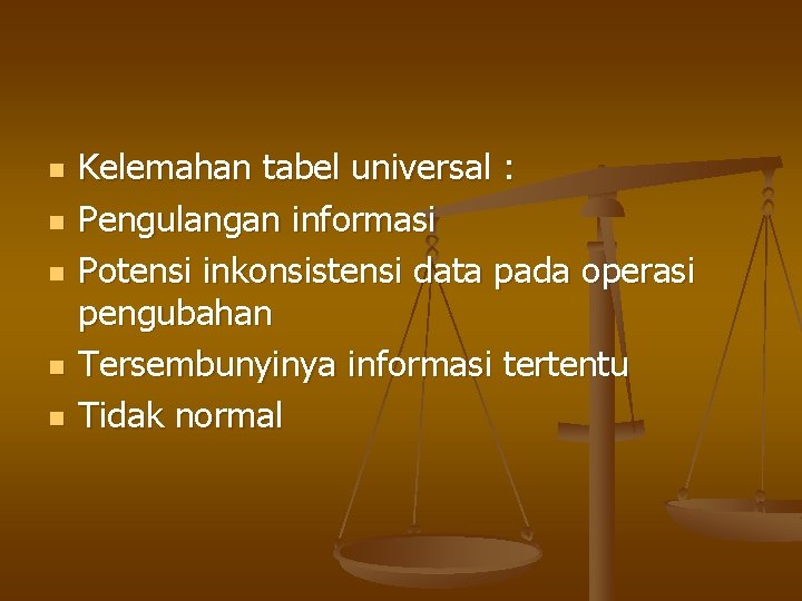 n n n Kelemahan tabel universal : Pengulangan informasi Potensi inkonsistensi data pada operasi