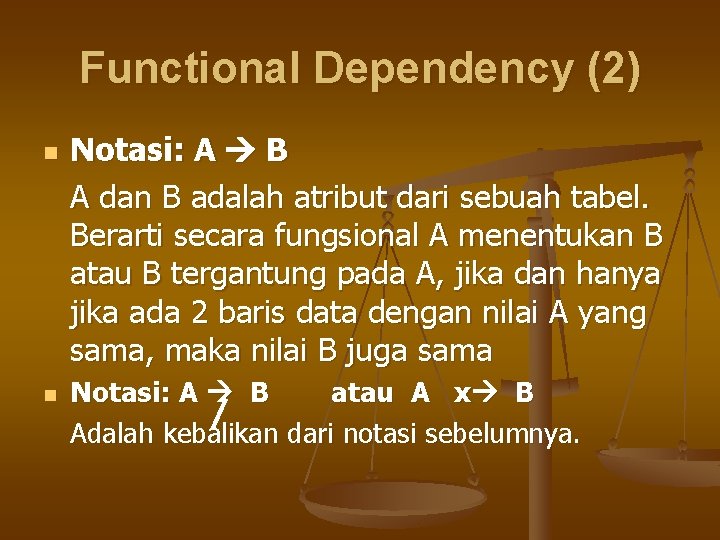 Functional Dependency (2) n n Notasi: A B A dan B adalah atribut dari