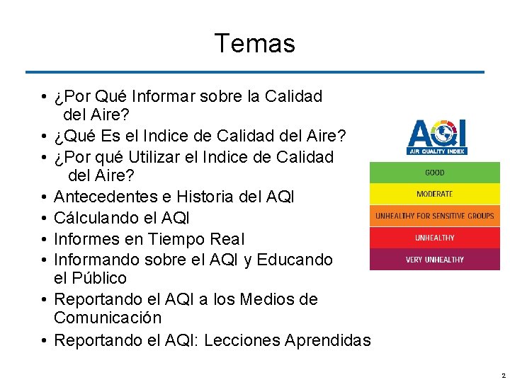 Temas • ¿Por Qué Informar sobre la Calidad del Aire? • ¿Qué Es el