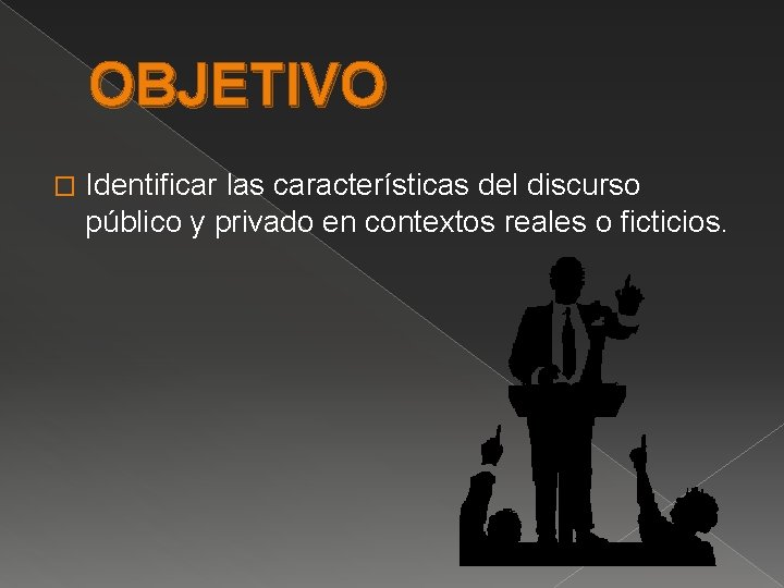 OBJETIVO � Identificar las características del discurso público y privado en contextos reales o OBJETIVO � Identificar las características del discurso público y privado en contextos reales o