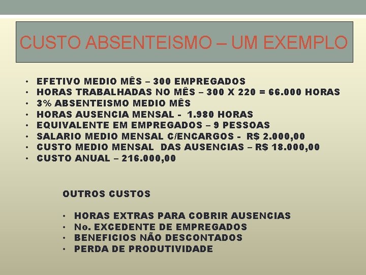 CUSTO ABSENTEISMO – UM EXEMPLO • • EFETIVO MEDIO MÊS – 300 EMPREGADOS HORAS