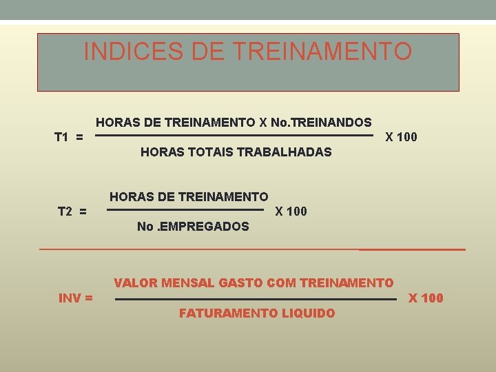 INDICES DE TREINAMENTO HORAS DE TREINAMENTO X No. TREINANDOS T 1 = X 100