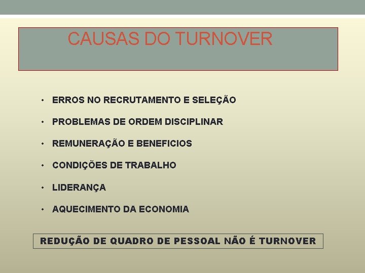 CAUSAS DO TURNOVER • ERROS NO RECRUTAMENTO E SELEÇÃO • PROBLEMAS DE ORDEM DISCIPLINAR