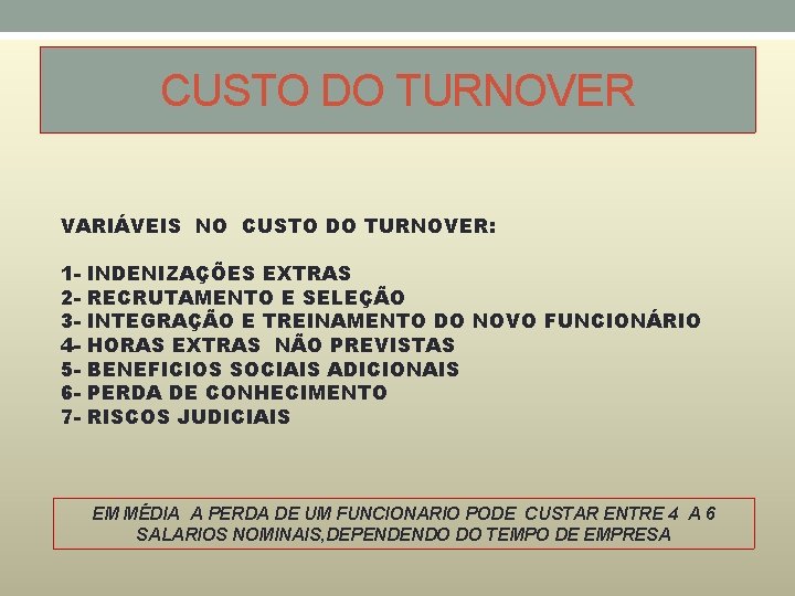 CUSTO DO TURNOVER VARIÁVEIS NO CUSTO DO TURNOVER: 1234567 - INDENIZAÇÕES EXTRAS RECRUTAMENTO E