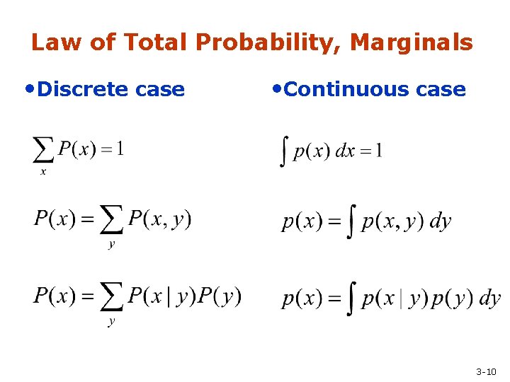 Law of Total Probability, Marginals • Discrete case • Continuous case 3 -10 