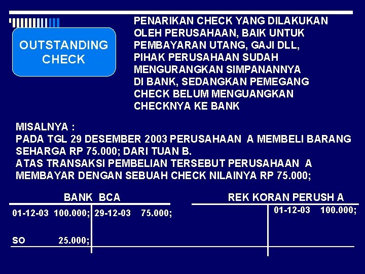 OUTSTANDING CHECK PENARIKAN CHECK YANG DILAKUKAN OLEH PERUSAHAAN, BAIK UNTUK PEMBAYARAN UTANG, GAJI DLL,