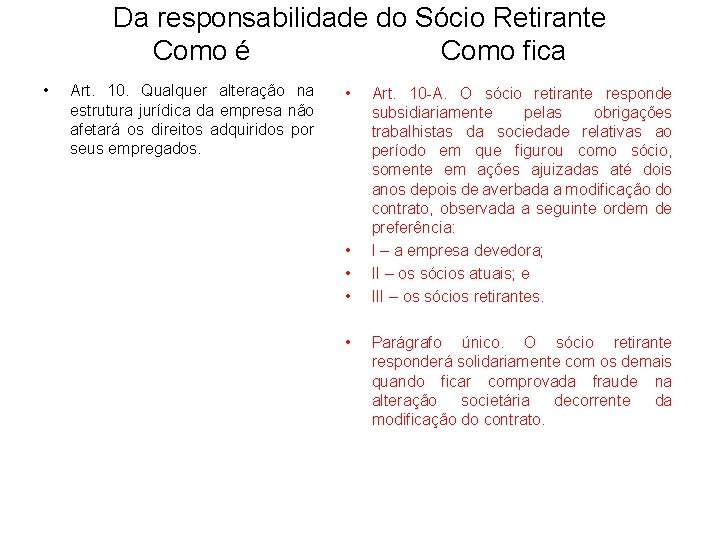 Da responsabilidade do Sócio Retirante Como é Como fica • Art. 10. Qualquer alteração