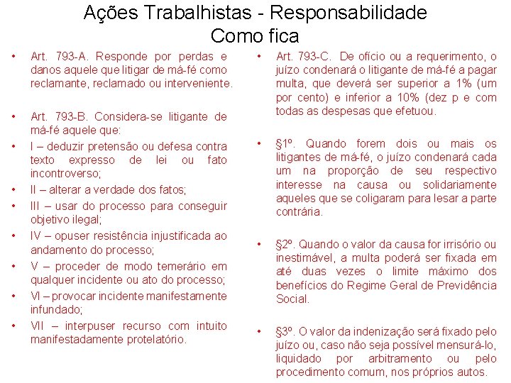 Ações Trabalhistas - Responsabilidade Como fica • Art. 793 -A. Responde por perdas e