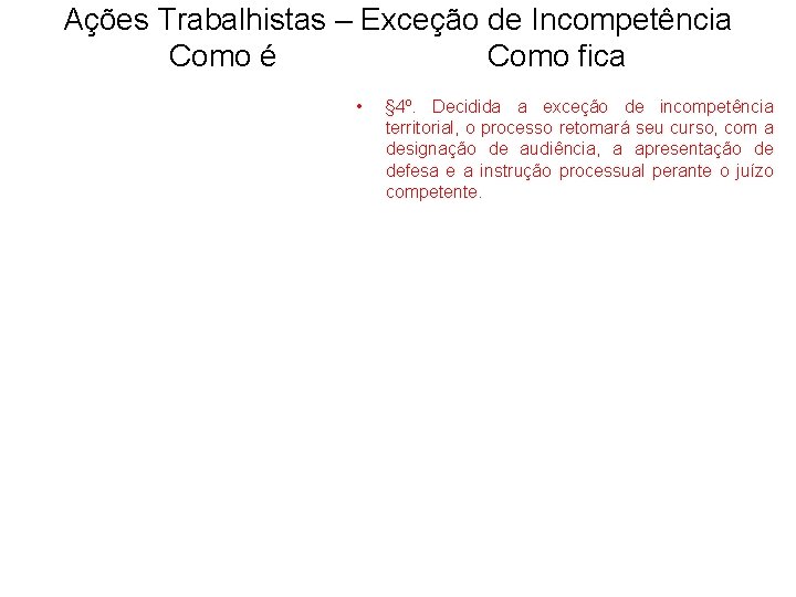 Ações Trabalhistas – Exceção de Incompetência Como é Como fica • § 4º. Decidida
