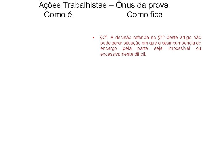 Ações Trabalhistas – Ônus da prova Como é Como fica • § 3º. A