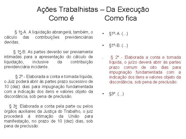 Ações Trabalhistas – Da Execução Como é Como fica § 1 o-A. A liquidação