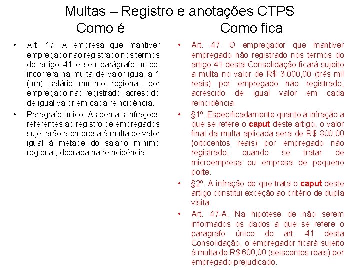 Multas – Registro e anotações CTPS Como é Como fica • • Art. 47.