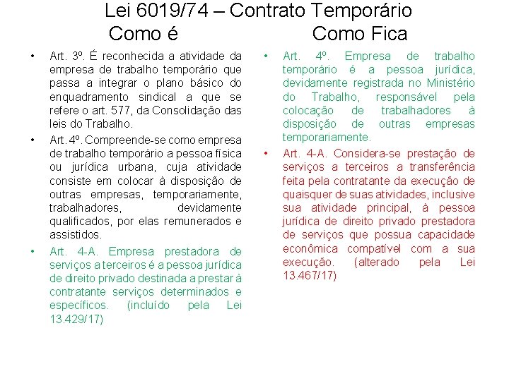 Lei 6019/74 – Contrato Temporário Como é Como Fica • • • Art. 3º.