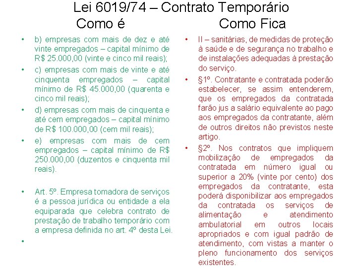 Lei 6019/74 – Contrato Temporário Como é Como Fica • • • b) empresas