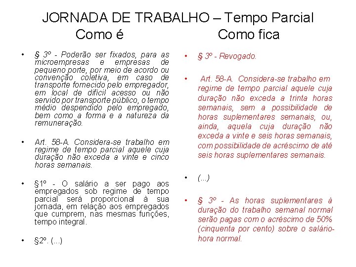 JORNADA DE TRABALHO – Tempo Parcial Como é Como fica • • § 3º