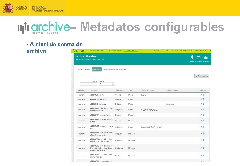 – Metadatos configurables • A nivel de centro de archivo 