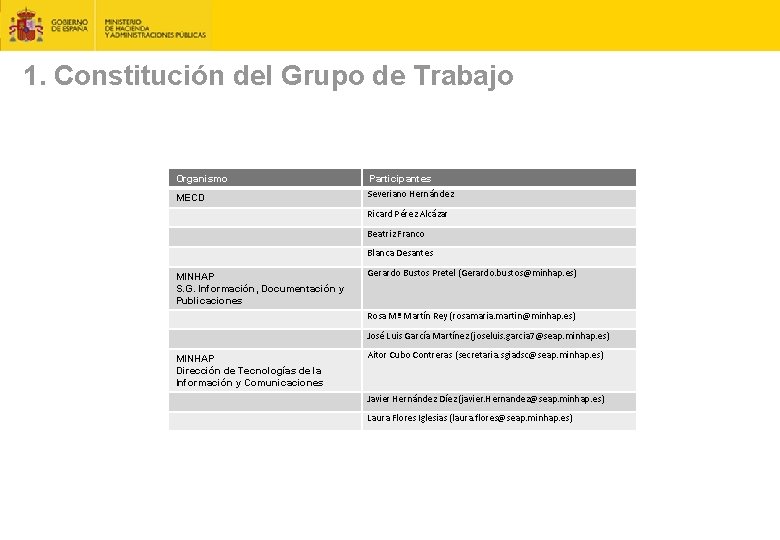 1. Constitución del Grupo de Trabajo Organismo Participantes MECD Severiano Hernández Ricard Pérez Alcázar