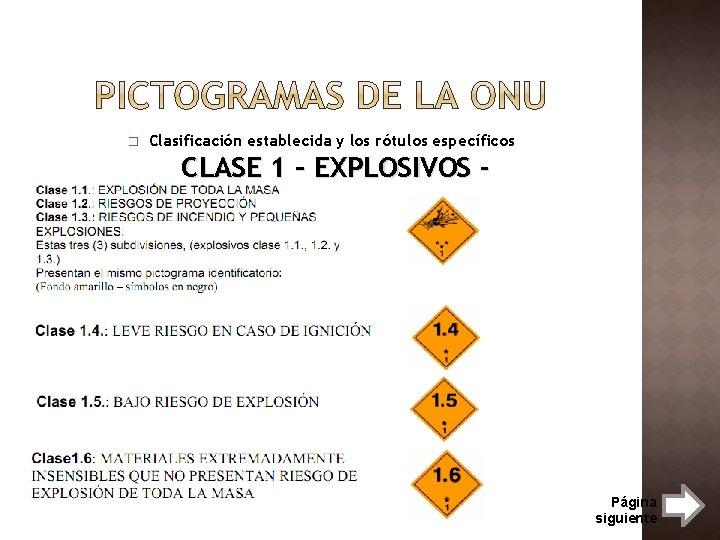 � Clasificación establecida y los rótulos específicos CLASE 1 – EXPLOSIVOS - Página siguiente