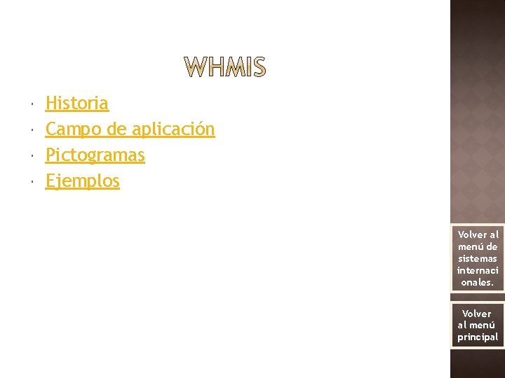  Historia Campo de aplicación Pictogramas Ejemplos Volver al menú de sistemas internaci onales.