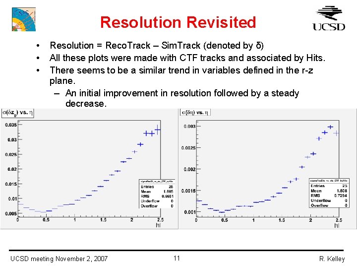 Resolution Revisited • • • Resolution = Reco. Track – Sim. Track (denoted by