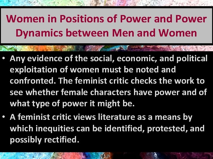 Women in Positions of Power and Power Dynamics between Men and Women • Any