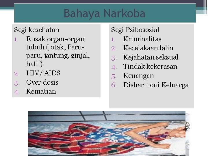 Bahaya Narkoba Segi kesehatan 1. Rusak organ-organ tubuh ( otak, Paruparu, jantung, ginjal, hati Bahaya Narkoba Segi kesehatan 1. Rusak organ-organ tubuh ( otak, Paruparu, jantung, ginjal, hati
