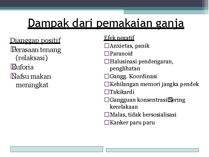 Dampak dari pemakaian ganja Dianggap positif � Perasaan tenang (relaksasi) � Euforia � Nafsu Dampak dari pemakaian ganja Dianggap positif � Perasaan tenang (relaksasi) � Euforia � Nafsu