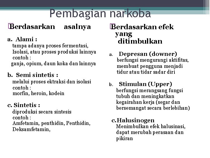 Pembagian narkoba � Berdasarkan asalnya a. Alami : tampa adanya proses fermentasi, Isolasi, atau Pembagian narkoba � Berdasarkan asalnya a. Alami : tampa adanya proses fermentasi, Isolasi, atau