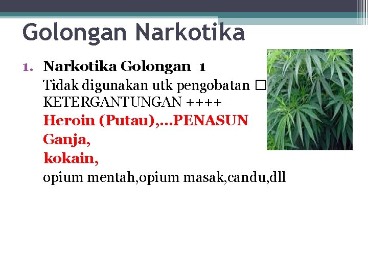 Golongan Narkotika 1. Narkotika Golongan 1 Tidak digunakan utk pengobatan � KETERGANTUNGAN ++++ Heroin Golongan Narkotika 1. Narkotika Golongan 1 Tidak digunakan utk pengobatan � KETERGANTUNGAN ++++ Heroin