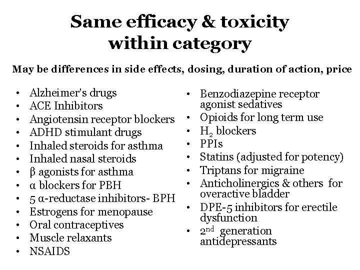 Same efficacy & toxicity within category May be differences in side effects, dosing, duration