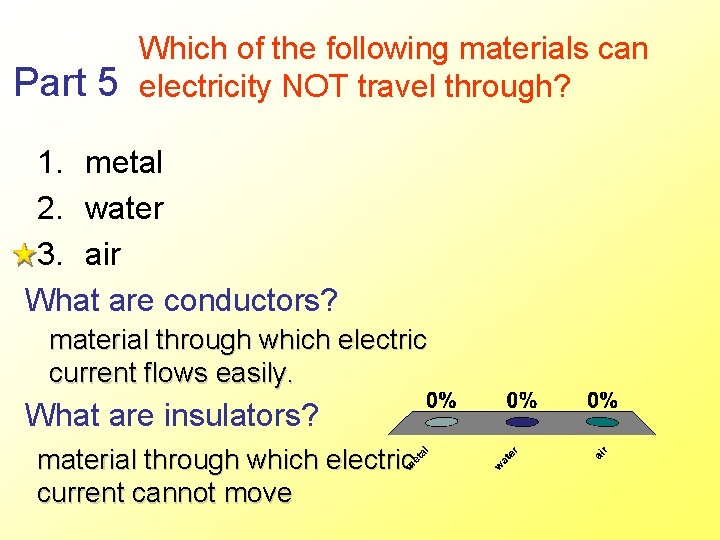 Part 5 Which of the following materials can electricity NOT travel through? 1. metal