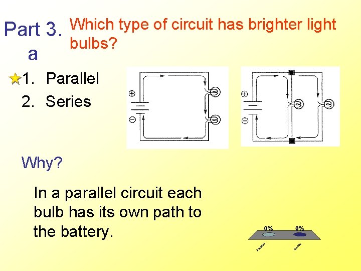 Part 3. a Which type of circuit has brighter light bulbs? 1. Parallel 2.