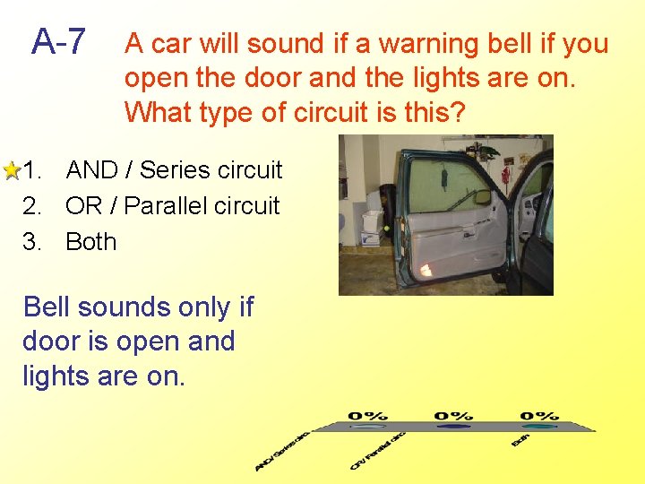 A-7 A car will sound if a warning bell if you open the door