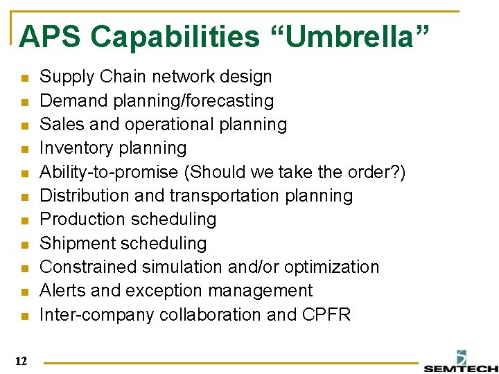 APS Capabilities “Umbrella” n n n 12 Supply Chain network design Demand planning/forecasting Sales