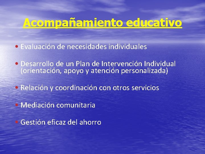 Acompañamiento educativo • Evaluación de necesidades individuales • Desarrollo de un Plan de Intervención