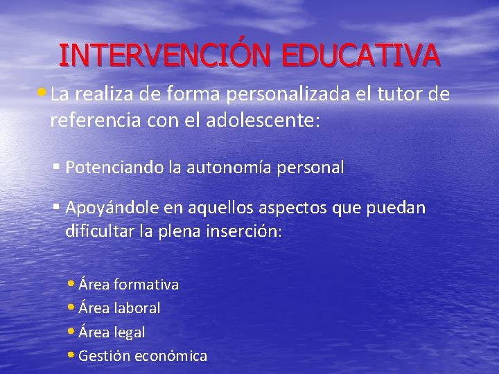 INTERVENCIÓN EDUCATIVA • La realiza de forma personalizada el tutor de referencia con el