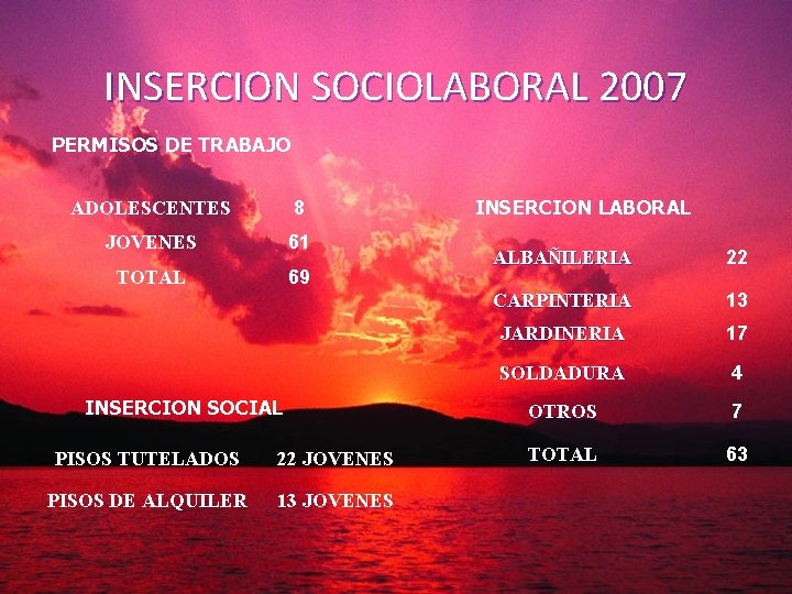 INSERCION SOCIOLABORAL 2007 PERMISOS DE TRABAJO ADOLESCENTES 8 JOVENES 61 TOTAL 69 INSERCION SOCIAL