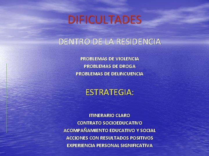 DIFICULTADES DENTRO DE LA RESIDENCIA PROBLEMAS DE VIOLENCIA PROBLEMAS DE DROGA PROBLEMAS DE DELINCUENCIA