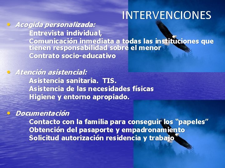  • Acogida personalizada: INTERVENCIONES Entrevista individual, Comunicación inmediata a todas las instituciones que