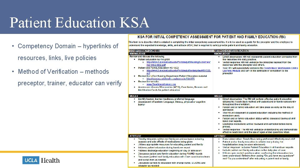 Patient Education KSA • Competency Domain – hyperlinks of resources, links, live policies • Patient Education KSA • Competency Domain – hyperlinks of resources, links, live policies •