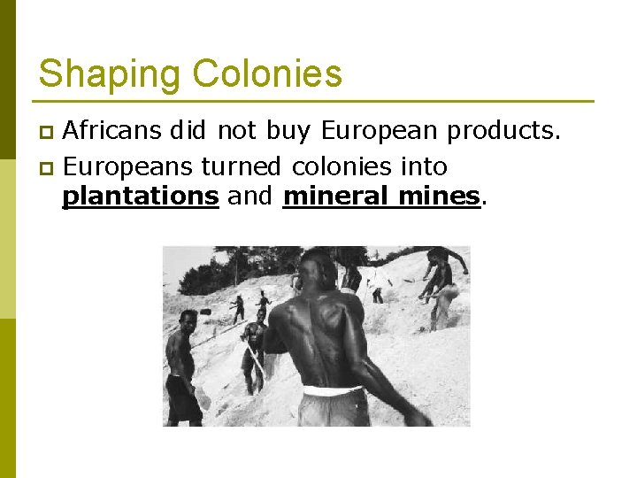 Shaping Colonies Africans did not buy European products. p Europeans turned colonies into plantations