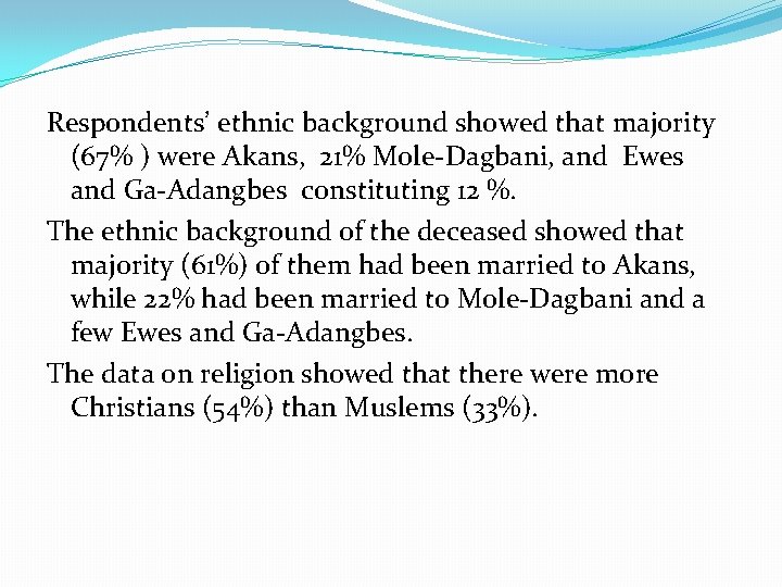 Respondents’ ethnic background showed that majority (67% ) were Akans, 21% Mole-Dagbani, and Ewes