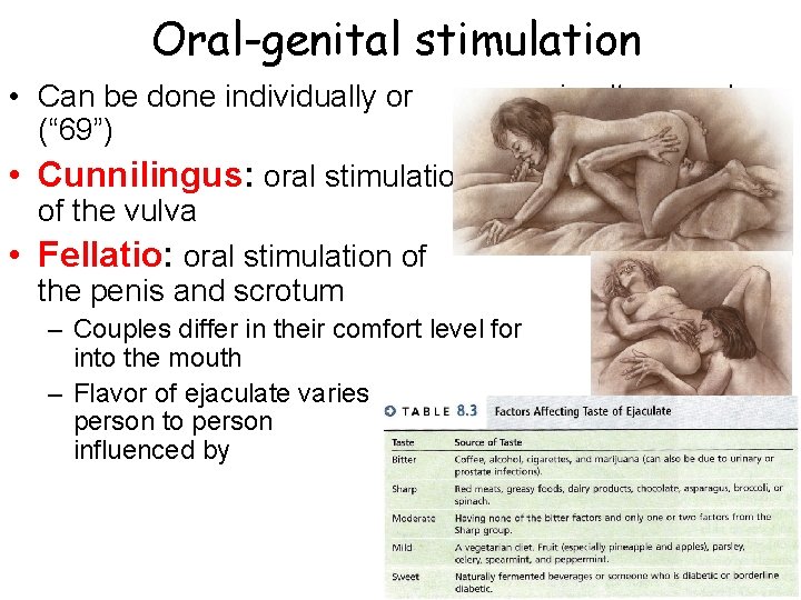 Oral-genital stimulation • Can be done individually or (“ 69”) • Cunnilingus: oral stimulation Oral-genital stimulation • Can be done individually or (“ 69”) • Cunnilingus: oral stimulation