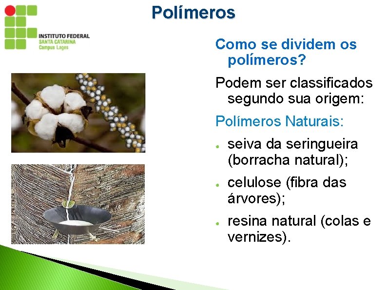 Polímeros Como se dividem os polímeros? Podem ser classificados segundo sua origem: Polímeros Naturais: