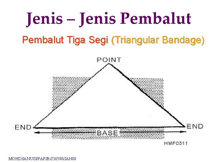 Jenis – Jenis Pembalut Tiga Segi (Triangular Bandage) MOHDSANUSI/PAPJB/J 38590/JAN 08 Jenis – Jenis Pembalut Tiga Segi (Triangular Bandage) MOHDSANUSI/PAPJB/J 38590/JAN 08