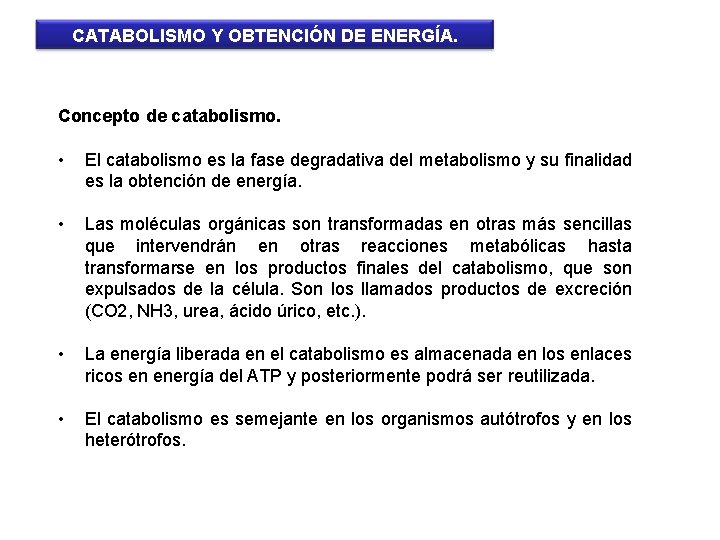 CATABOLISMO Y OBTENCIÓN DE ENERGÍA. Concepto de catabolismo. • El catabolismo es la fase