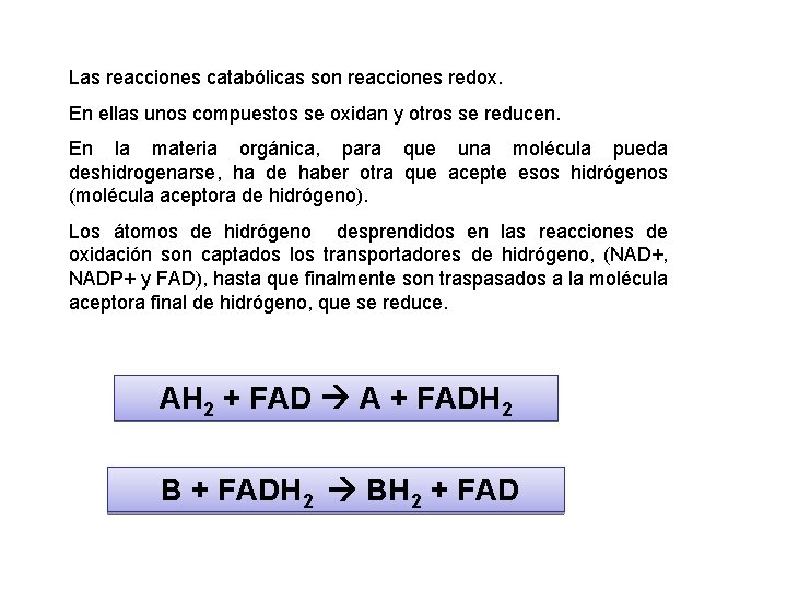 Las reacciones catabólicas son reacciones redox. En ellas unos compuestos se oxidan y otros