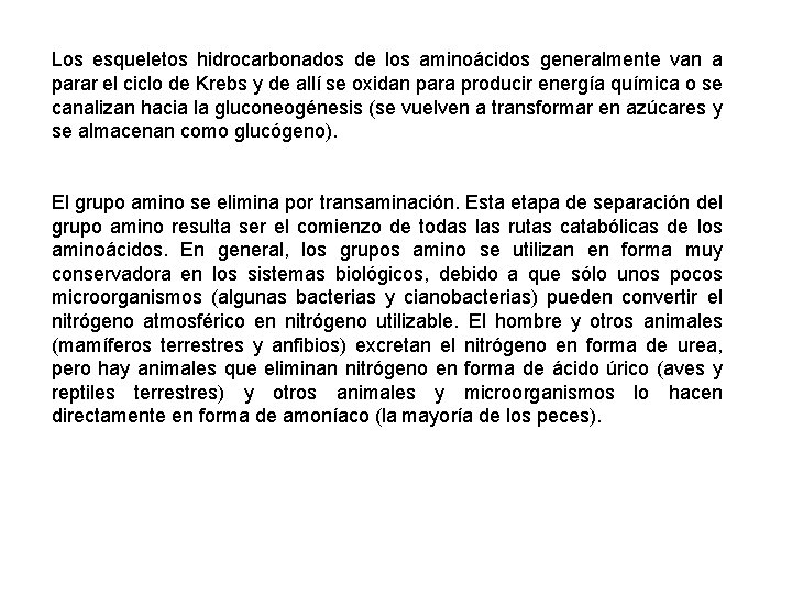 Los esqueletos hidrocarbonados de los aminoácidos generalmente van a parar el ciclo de Krebs